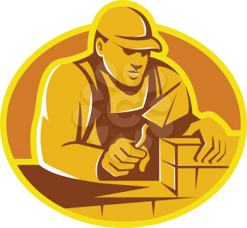vector illustration of a mason brick layer construction worker laying cement bricks using trowel viewed from front set inside ellipse done in retro style.