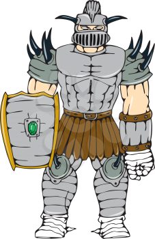Illustration of knight in full armor holding a shield looking to front done in cartoon style on isolated white background.