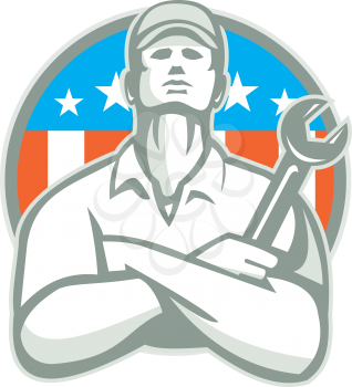 Illustration of a mechanic worker wearing hat arms crossed holding wrench looking up set inside shield crest with american usa flag stars and stripes in the background done in retro style. 