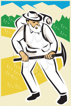 vector illustration of a miner or prospector with pick ax and backpack walking with mountains and road in background done in retro style.