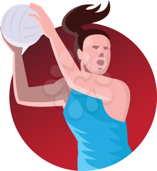 vector illustration of a netball player passing ball set inside circle done in art deco retro style.