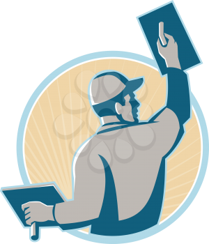 vector illustration of a plasterer construction mason worker with trowel at work set inside a circle done in retro style.