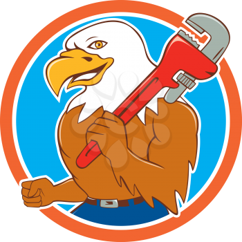 Illustration of a bald eagle plumber smiling holding monkey wrench on shoulder viewed from side set inside circle done in cartoon style. 