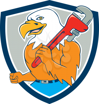 Illustration of a bald eagle plumber smiling holding monkey wrench on shoulder viewed from side set inside shield crest done in cartoon style. 