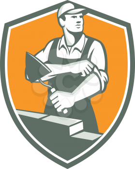 Illustration of a tiler plasterer mason masonry construction worker with trowel rolling sleeve looking to the side set inside shield done in retro style. 