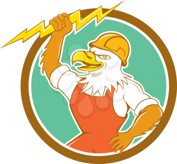 Illustration of a bald eagle electrician wearing hardhat holding lightning bolt viewed from side set inside circle done in cartoon style. 