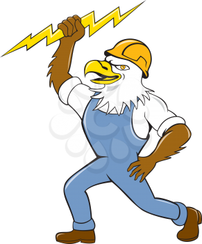 Illustration of a bald eagle electrician standing wearing hardhat holding lightning bolt viewed from side set on isolated white background done in cartoon style. 