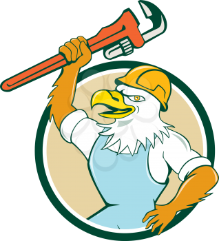 Illustration of a american bald eagle plumber smiling wearing hardhat holding wrench viewed from side set inside circle done in cartoon style. 