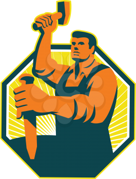 Illustration of a carpenter sculptor worker with hammer striking chisel set inside octagon done in retro style.