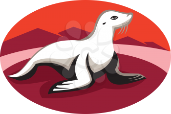 vector illustration of a new zealand fur seal retro on the beach with mountains in background done in retro style set inside oval.