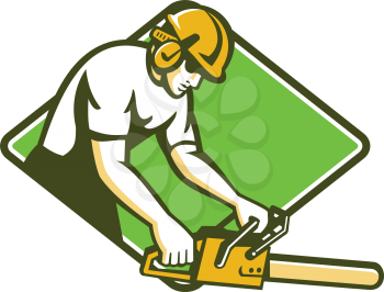 vector illustration of a tree surgeon arborist gardener tradesman worker holding a chainsaw facing side set inside diamond shape done in retro style on isolated white background.