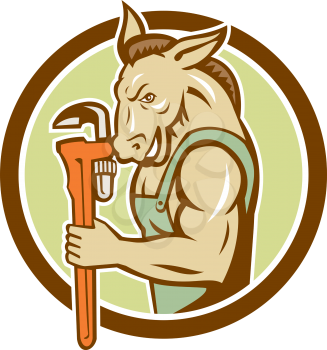 Illustration of a donkey plumber mascot holding monkey wrench viewed from the side set inside circle done in retro style. 
