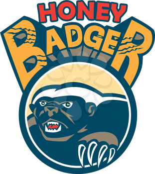 Illustration of a honey badger (Mellivora capensis) mascot with claws also known as ratel head facing side set inside circle with the words Honey Badger done in retro style. 