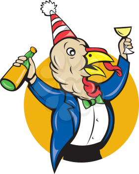 Illustration of a wild turkey with party hat celebrating partying holding wine glass and wine bottle looking to the side done in cartoon style on isolated white background.
