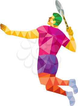 Low polygon style illustration of a badminton player holding racquet jumping smashing viewed from side set on isolated white background.
