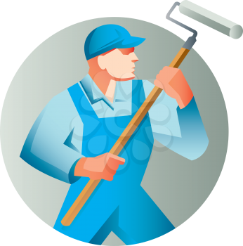Illustration of a house painter holding paint roller painting looking to the side set inside circle on isolated background done in retro style.