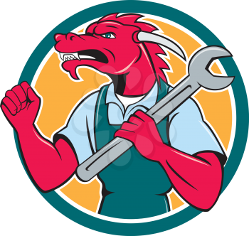 Illustration of a red dragon mechanic facing side holding spanner on shoulder making fist pump set inside circle on isolated background done in cartoon style. 