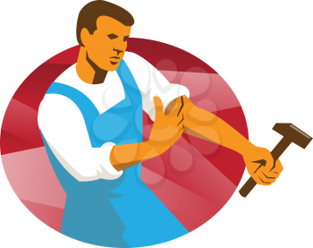 vector illustration of a male worker with hammer rolling up sleeve done in retro style