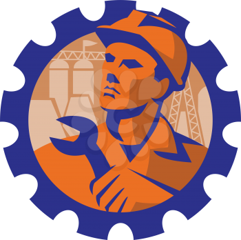 vector illustration of a Construction Engineer Worker wearing hardhat holding wrench spannerwith pylon and buildings in background set inside mechanical gear cog done in  Retro style.