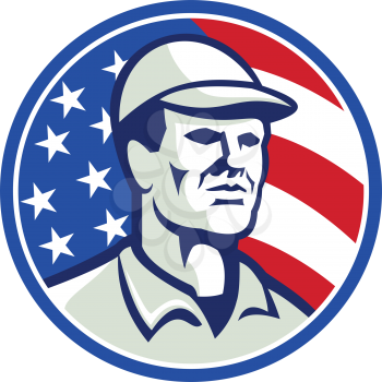 Illustration of an american worker wearing hat cap set inside circle with stars and stripes flag in background.