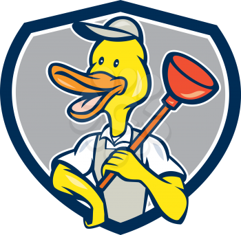 Cartoon style illustration of a duck plumber holding plunger on shoulder looking to the side set inside shield crest on isolated background. 