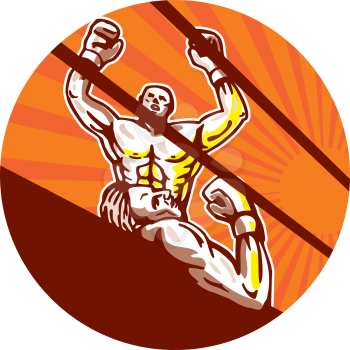 Illustration of an amateur boxer raising arms winning knockout viewed from low angle set inside circle with sunburst in the background done in cartoon style. 