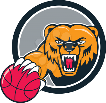 Illustration of a grizzly bear head angry growling holding basketball viewed from front set inside circle on isolated background done in cartoon style. 