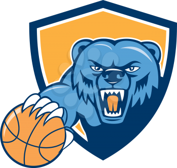 Illustration of a grizzly bear head angry growling holding basketball viewed from front set inside shield crest on isolated background done in cartoon style. 
