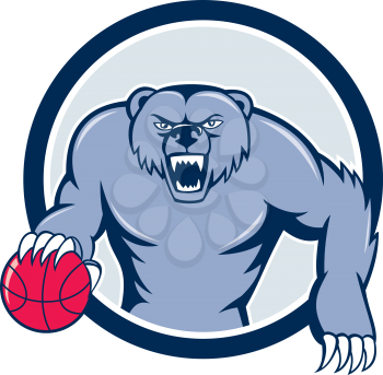 Illustration of a grizzly bear angry growling dribbling basketball viewed from front set inside circle on isolated background done in cartoon style. 