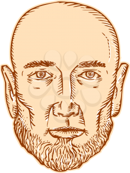 Etching engraving handmade style illustration of a bald head bearded male facing front set on isolated white background.