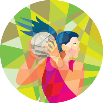 Low polygon style illustration of a netball player catching rebounding ball looking to the side set inside circle. 