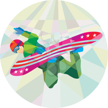 Low polygon style illustration of a snowboarder snowboarding spin jumping on snowboard set inside circle. 