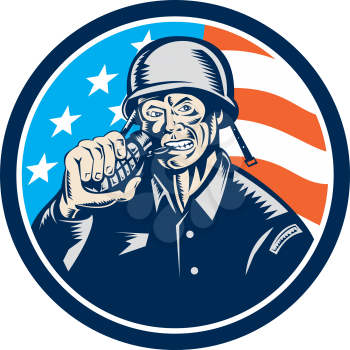 Illustration of a World War two American soldier serviceman biting grenade viewed from front set inside circle with usa american stars and stripes flag in the background done in retro woodcut style. 