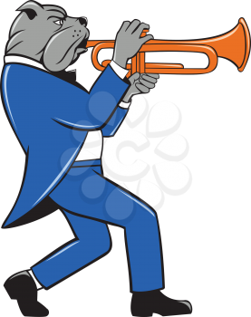 Illustration of a bulldog in a suit blowing trumpet marching walking viewed from the side set on isolated white background done in cartoon style. 