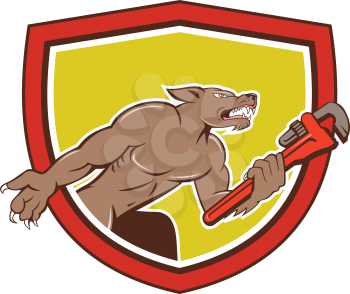 Illustration of a wolf plumber holding monkey wrench viewed from side set on isolated background inside shield crest done in cartoon style. 