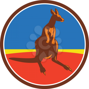 Illustration of a kangaroo wallaby joey looking to the side viewed from front set inside circle done in retro style. 