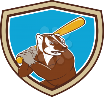 Illustration of a badger baseball player holding bat batting set inside shield crest on isolated background done in cartoon style. 