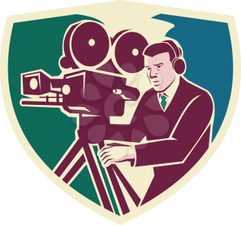 Illustration of a cameraman moviemaker director with vintage movie camera set inside shield crest viewed from side done in retro style. 