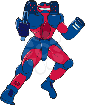Cartoon style illustration of a mecha robot holding and aiming gun viewed from front in an isolated background.