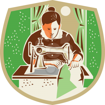 Illustration of a female seamstress dressmaker with sewing machine sewing set inside shield crest with curtain and moon in the background done in retro style. 