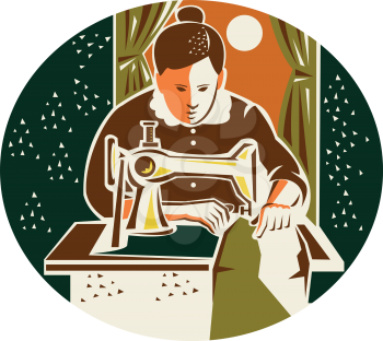 Illustration of a female seamstress dressmaker with sewing machine sewing set inside oval shape with curtain and moon in the background done in retro style. 
