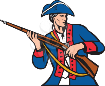 Illustration of an american patriot militia carrying musket looking to the side set on isolated white background done in retro style. 