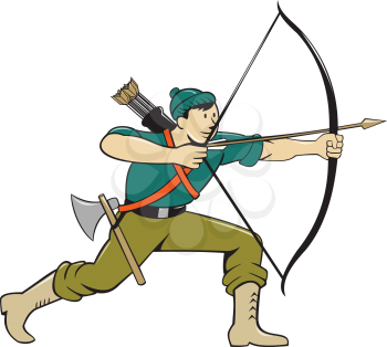 Illustration of an archer aiming with long bow and arrow viewed from side isolated background done in cartoon style.