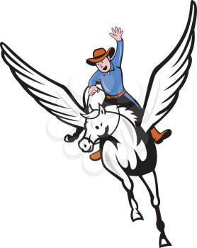 Illustration of a cowboy with arm raised riding pegasus flying horse set on isolated white background done in cartoon style.