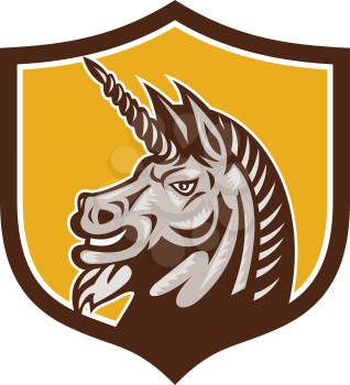 Illustration of a unicorn horse head viewed from the side set inside shield crest on isolated background done in retro style.