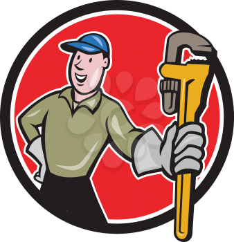 Illustration of a plumber with gloves holding presenting monkey wrench set inside circle shape on isolated background done in cartoon style.
