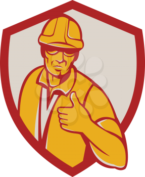 Illustration of a construction worker wearing hardhat thumbs up facing front set inside shield crest done in retro style.