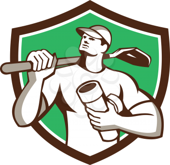 Illustration of a drainlayer builder construction worker wearing hat holding pipe and carrying shovel on shoulder looking up to the side set inside shield crest on isolated background done in retro st