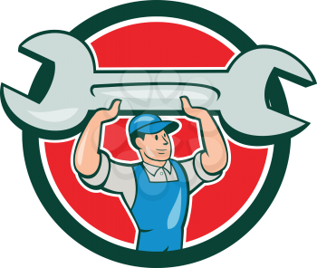 Illustration of a mechanic wearing hat and overalls looking to the side lifting giant spanner wrench viewed from front set inside circle on isolated background done in cartoon style. 