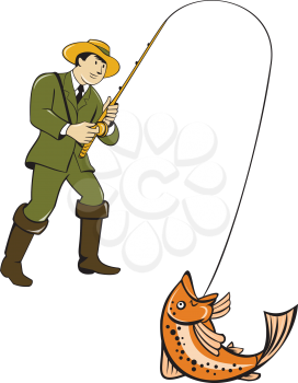 Illustration of a fly fisherman wearing hat with fly rod and reel reeling up a trout fish set on isolated white background done in cartoon style.